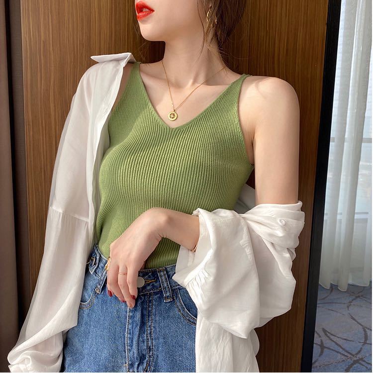 Áo Hai Dây Dệt Kim Cổ Chữ V Thời Trang Mùa Hè Quyến Rũ Cho Nữ