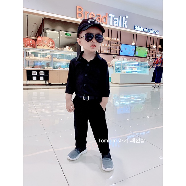 Áo sơ mi dài tay bé trai bé gái màu đen phong cách Hàn Quốc