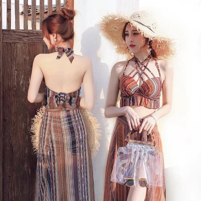 bộ bơi kẻ kèm choàng (3 món)