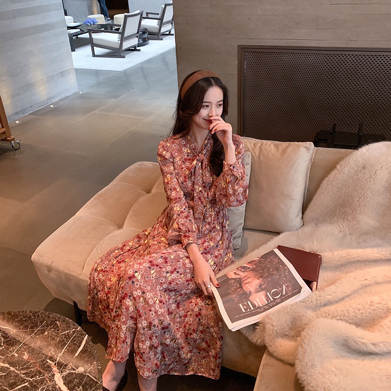 Đầm Voan Hoa Tay Dài Cổ Chữ V Phong Cách Retro Pháp Thanh Lịch Cho Nữ 2022