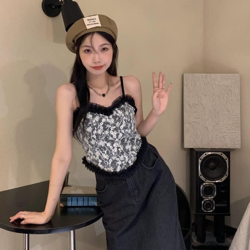 Áo bra ren hoa nhí cúc ngọc tiểu thư, áo corset ren đính ngọc Quảng Châu