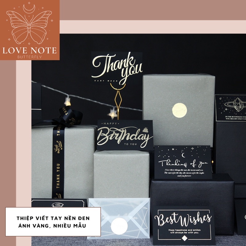 Thiệp đen ánh kim 2 viết tay chúc mừng sinh nhật, valentine, ngày của mẹ, cảm ơn, noel