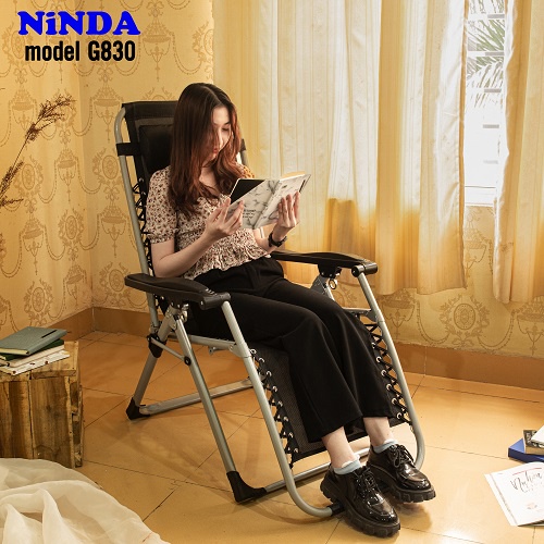 Ghế xếp thư giãn NiNDA G830 gấp gọn cao cấp, khung thép sơn tĩnh điện, khóa sắt chắc chắn TẶNG KÈM KHAY ĐỂ LY