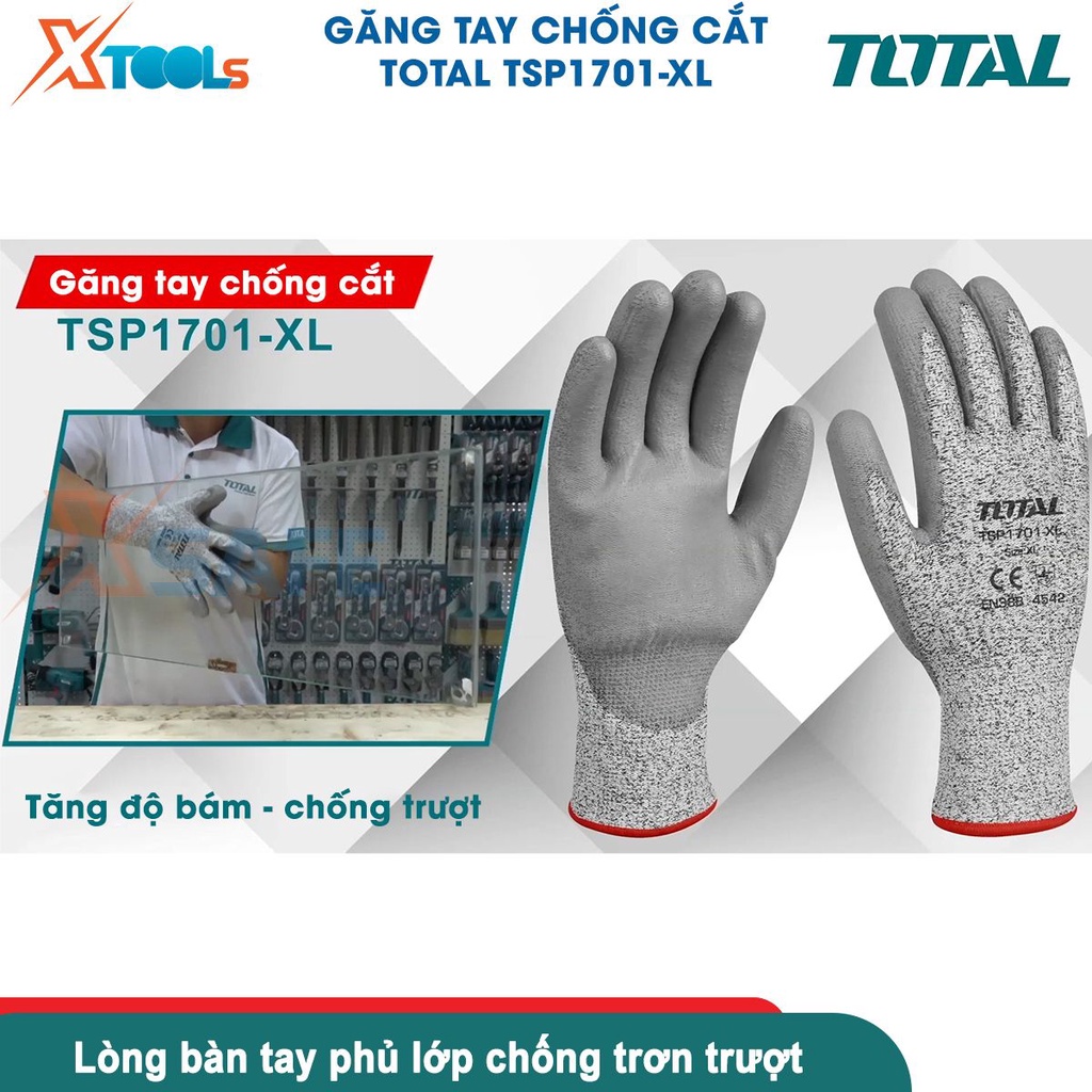 Găng tay bảo hộ TOTAL TSP1701 size XL tiêu chuẩn EN388:4542, bảo vệ an toàn, tăng độ bám [CHÍNH HÃNG][XTOOLS]