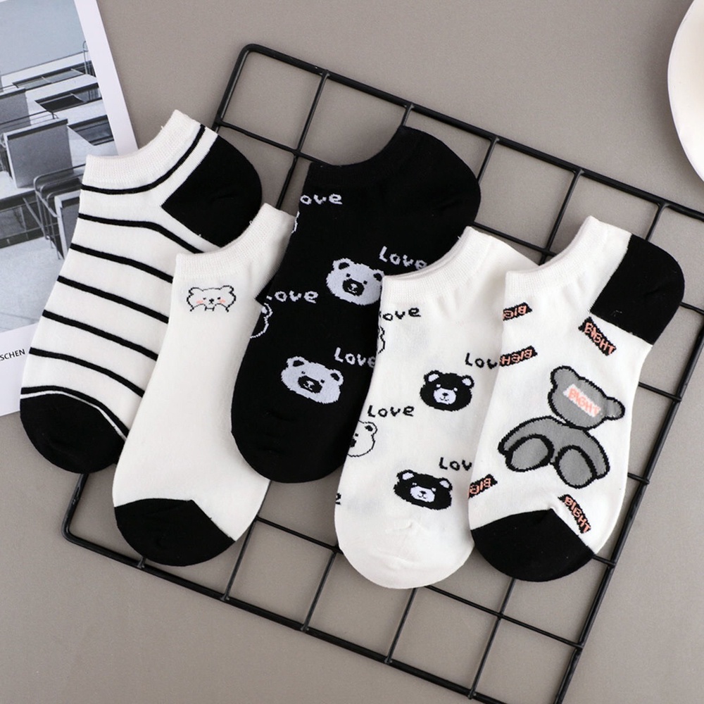 Tất nữ cổ ngắn set 5 đôi vớ cổ thấp màu trắng đen cute thời trang Hàn Quốc - Only Store