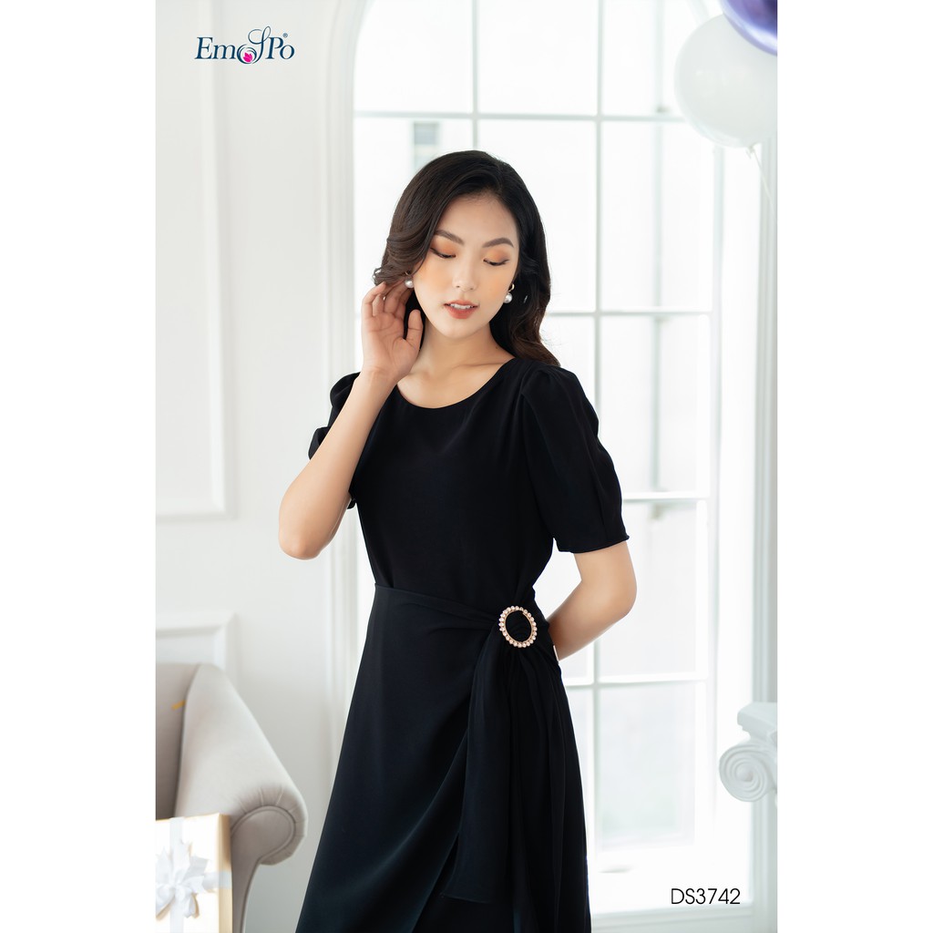 Đầm cổ tròn, tay phồng, phối tà lệch Emspo DS3742 (Đen, Xanh)