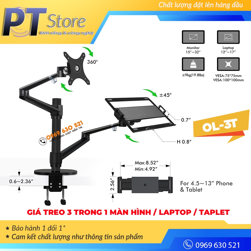 Giá Treo Màn Hình 17-32Inch / Laptop 11 -17.3Inch / Tablet & Điện Thoại 4.5 - 13Inch - Model OL-3T Hợp Kim Nhôm Cao Cấp