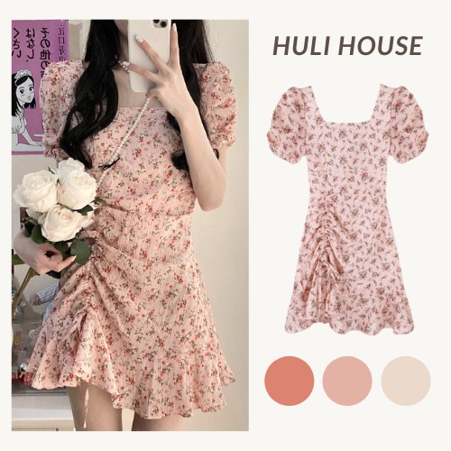 Váy hoa nhí cổ vuông retro có dây kéo huli house NV02