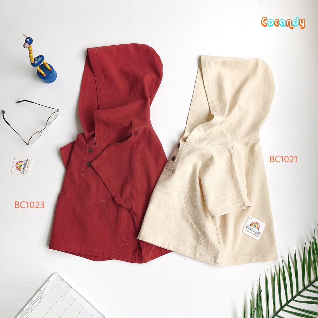 [Cocandy Official Store] Bộ đồ cho bé áo có mũ chất liệu đũi màu be, đỏ