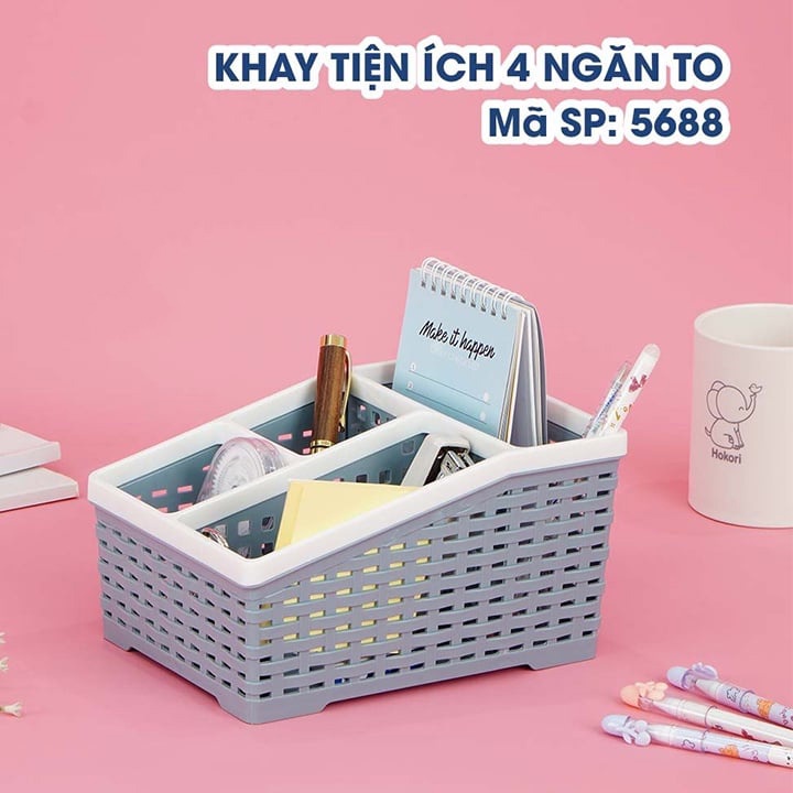 ( 2 Size ) Khay nhựa Đựng Đồ Chữ Nhật Đa Năng 4 Ngăn Việt Nhật - Khay đựng mỹ phẩm bút, tài liệu chia ngăn