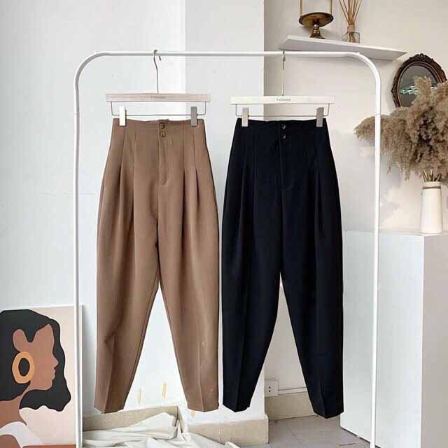 Chất dày đẹp- Form chuẩn  Quần baggy nữ cạp cao 2 cúc chiết ly xinh xắn giúp eo thon hit hot bao chất, QUẦN TÂY