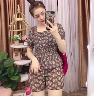 Set bộ đùi nhún eo vải lụa hàn mềm mại, họa tiết siêu sang freesize dưới 56kg