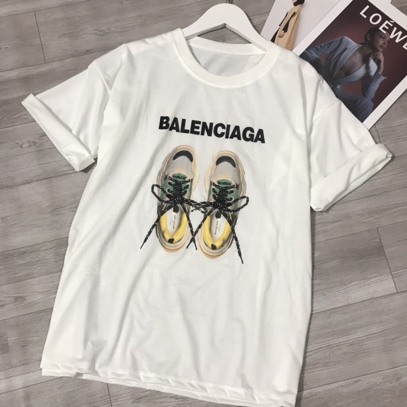 Áo Phông Balenciagaa Cotton Ngắn Tay In Hình Giày Dây Nổi Cá Tính