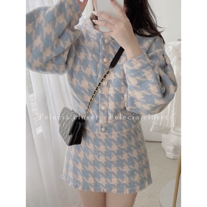 SET DẠ BÔNG, Set Áo Khoác Dạ Bông + Chân Váy Họa Tiết - SIZE S/M - Pinkger Shop