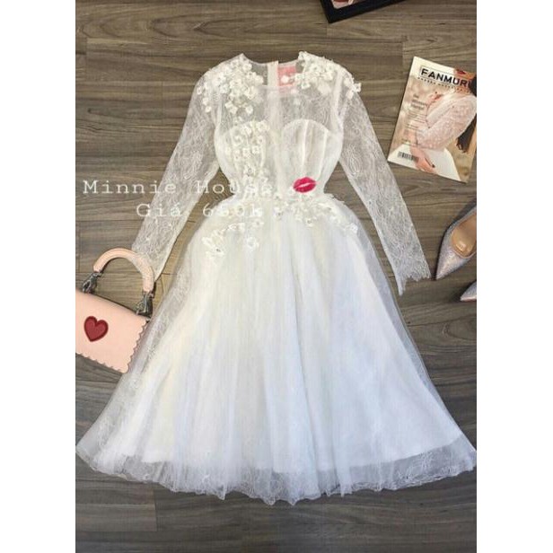 Đầm xoè công chúa ren mi phối lưới kết hoa nổi và cườm - size M/L ( có ảnh/video thật)
