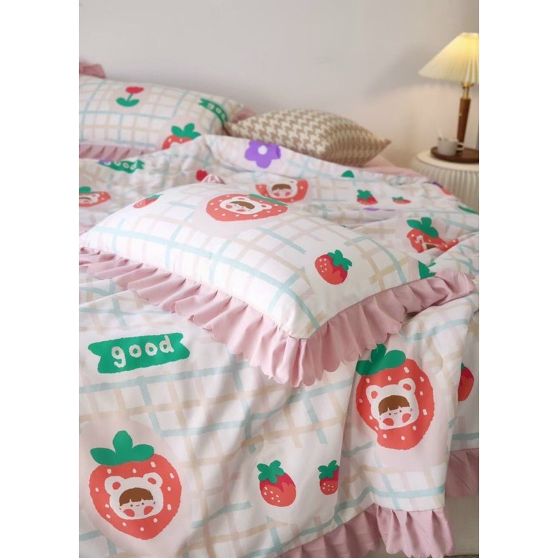 Sét hè cotton đũi chăn trần bông phối bèo ngắn cao cấp Hàn Quốc( tặng kèm vỏ ôm cùng bộ m6)