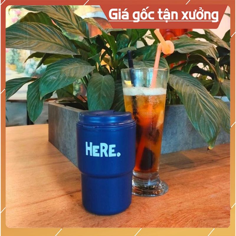 Cốc here nội địa nhật uống cafe, uống nước 2 lớp giữ nhiệt kèm nắp xoay có lỗ cắm ống hút 320ml