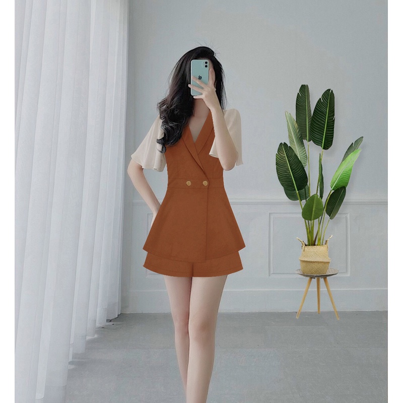 Set đồ nữ nguyên bộ áo cổ vest tay phối lưới quần đùi cá tính J1158