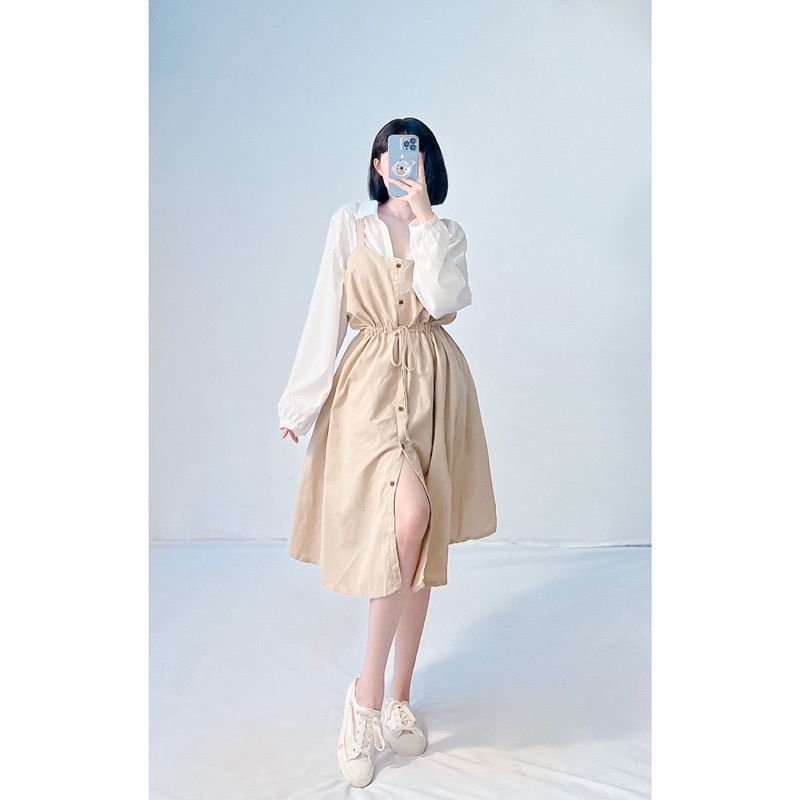 Yếm đầm midi linen 2 dây xoè cột rút eo (k kèm áo trong)
