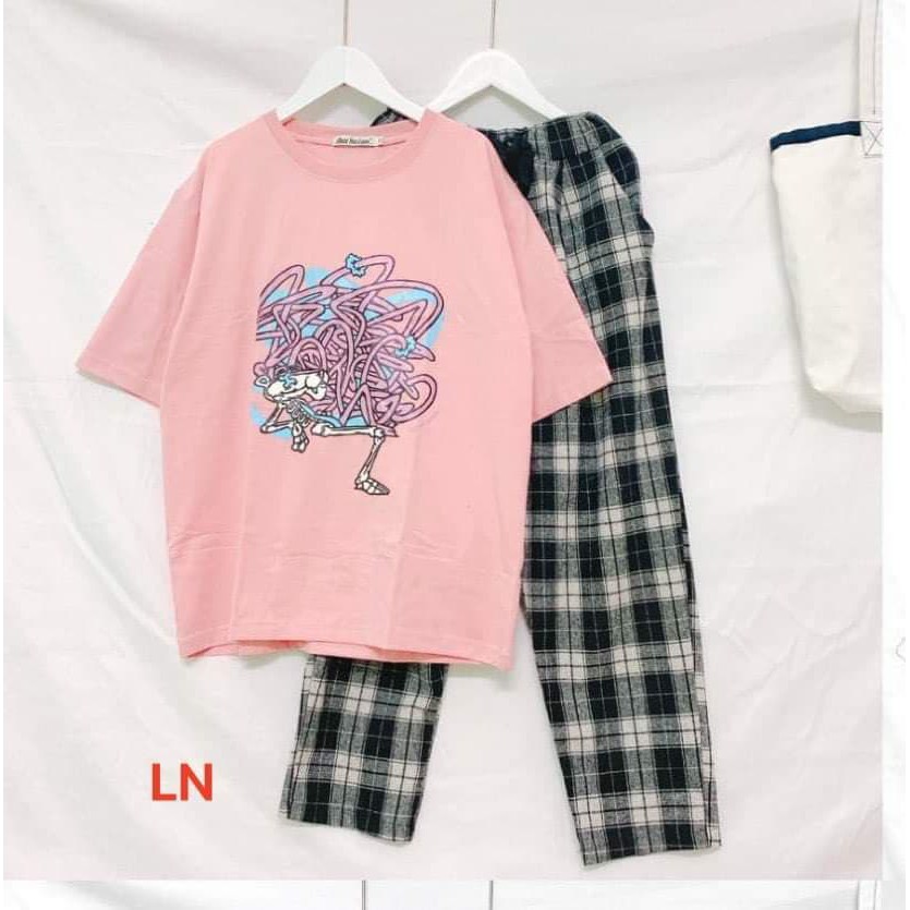 Set áo phông cotton và quần caro thô đũi