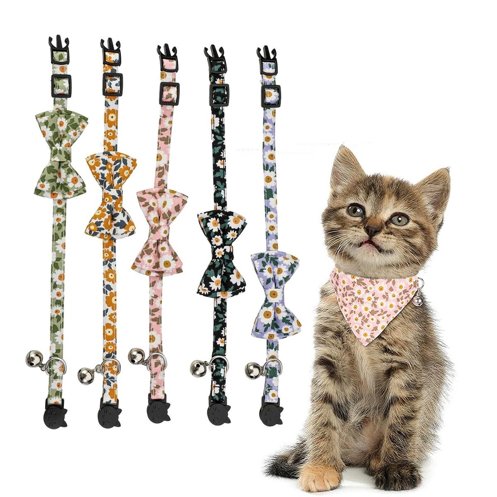 Khăn Choàng Cổ Tam Giác Họa Tiết Hoa Dễ Thương Tùy Chỉnh Kèm Nơ Xinh Xắn Cho Mèo Cưng