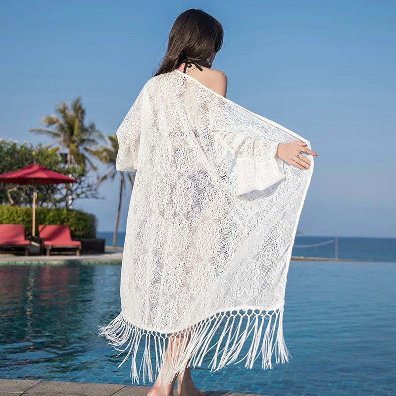[HÀNG QUẢNG CHÂU + BÁN CHẠY] Kimono, Áo choàng đi biển ren hoa TUA RUA sành điệu 2021 màu trắng
