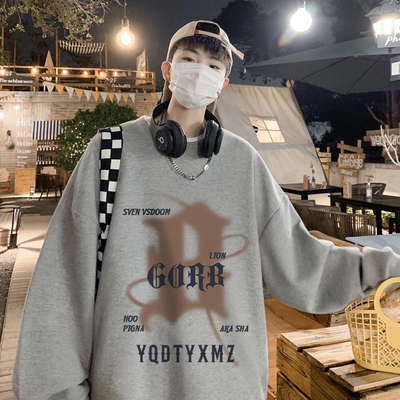 Áo Thun Nam Tay Dài Cổ Tròn Có In Hình Và Chữ Waffle Thời Trang Phong Cách Hong Kong