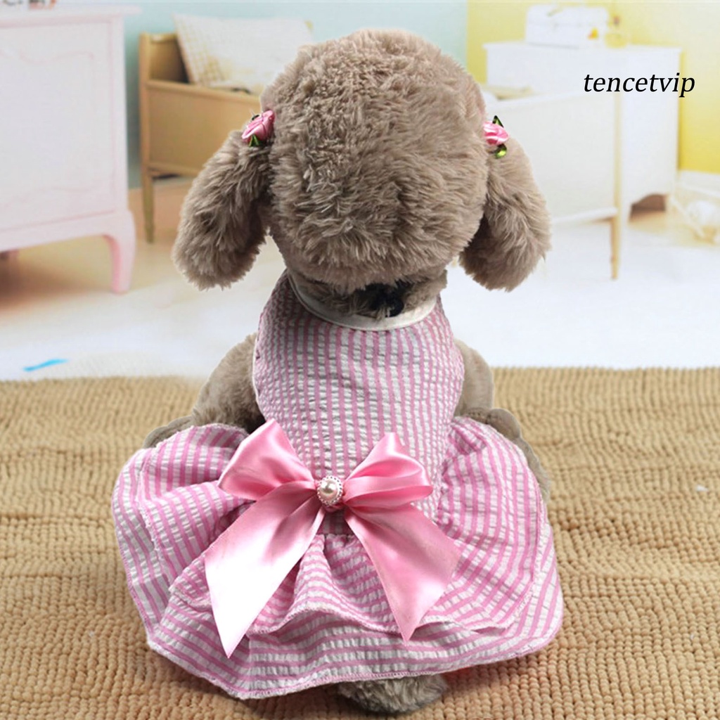 Đầm cotton kẻ sọc đính nơ phong cách thời trang xuân hè cho thú cưng