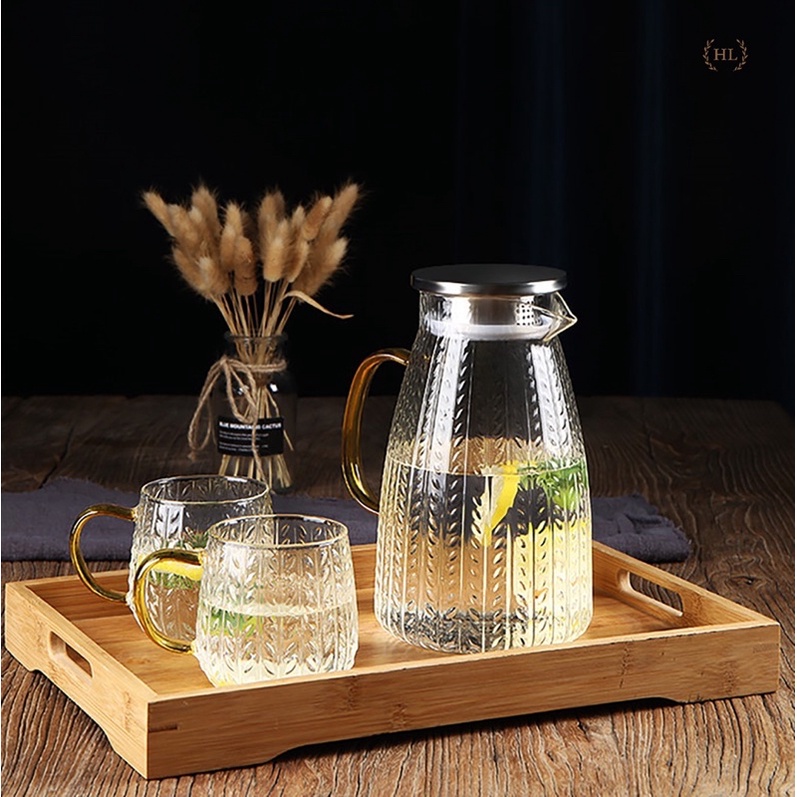 Bộ bình cốc vân lá liễu dập nổi | BỘ BÌNH CỐC THỦY TINH CHỊU NHIỆT BOROSILICATE SIÊU