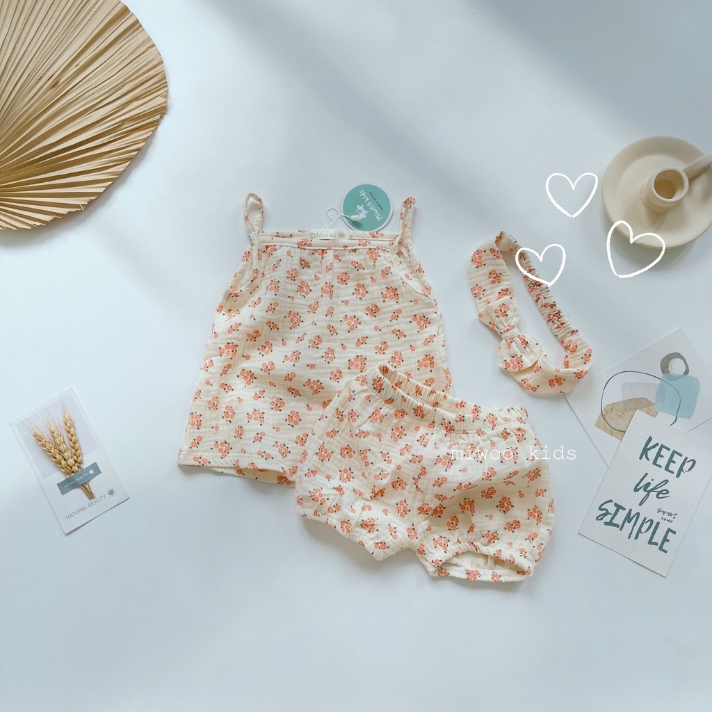 Set Bộ 2 Dây Miwoo Kid cho Bé Gái Size 8-18kg💖Đồ Bộ Bé Gái 2 Dây Chất Xô Muslin Cao Cấp Kèm Turban Họa Tiết Đáng Yêu
