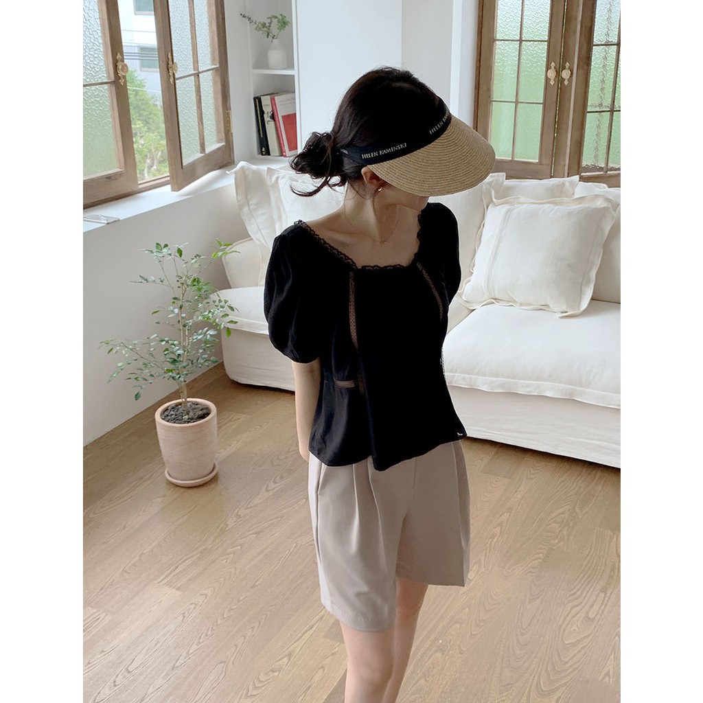 Áo kiểu tay ngắn phối ren màu sắc ngọt ngào phong cách Hàn Quốc cho nữ 44027