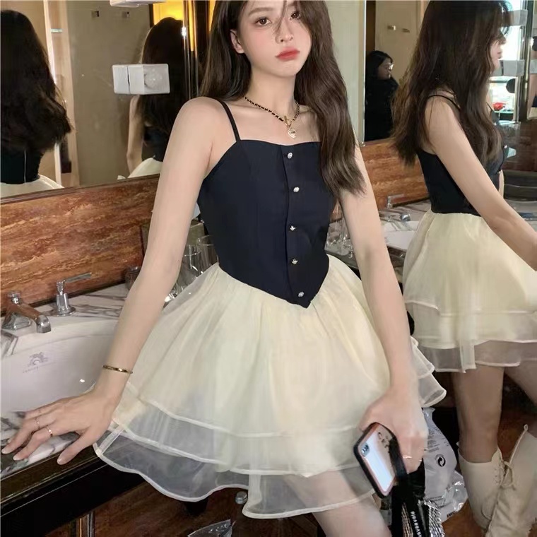 Đầm Công Chúa Ngắn Hai Dây Đính Nơ Thời Trang Mùa Xuân Mới Cho Nữ