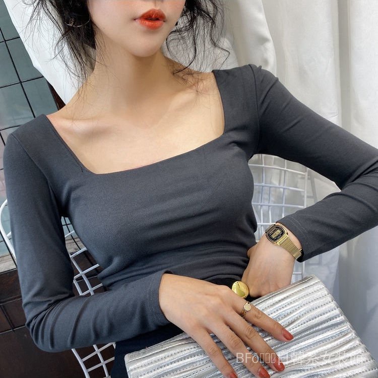 Áo Thun 95% Cotton Tay Dài Cổ Vuông Dáng Ôm Phong Cách Retro Dành Cho Nữ