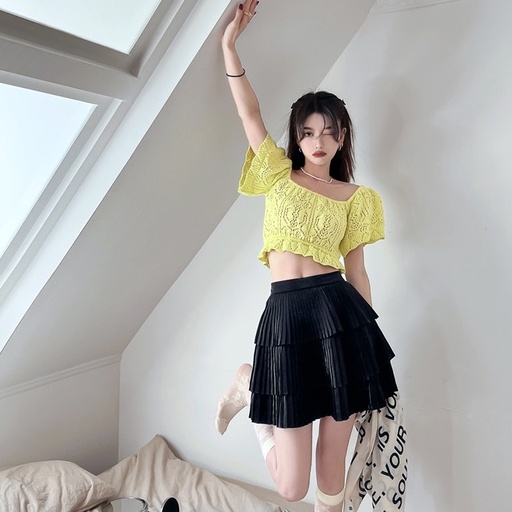 Áo dệt kim kumikumi ngắn tay cổ vuông họa tiết kẻ sọc phong cách Hàn Quốc cho nữ