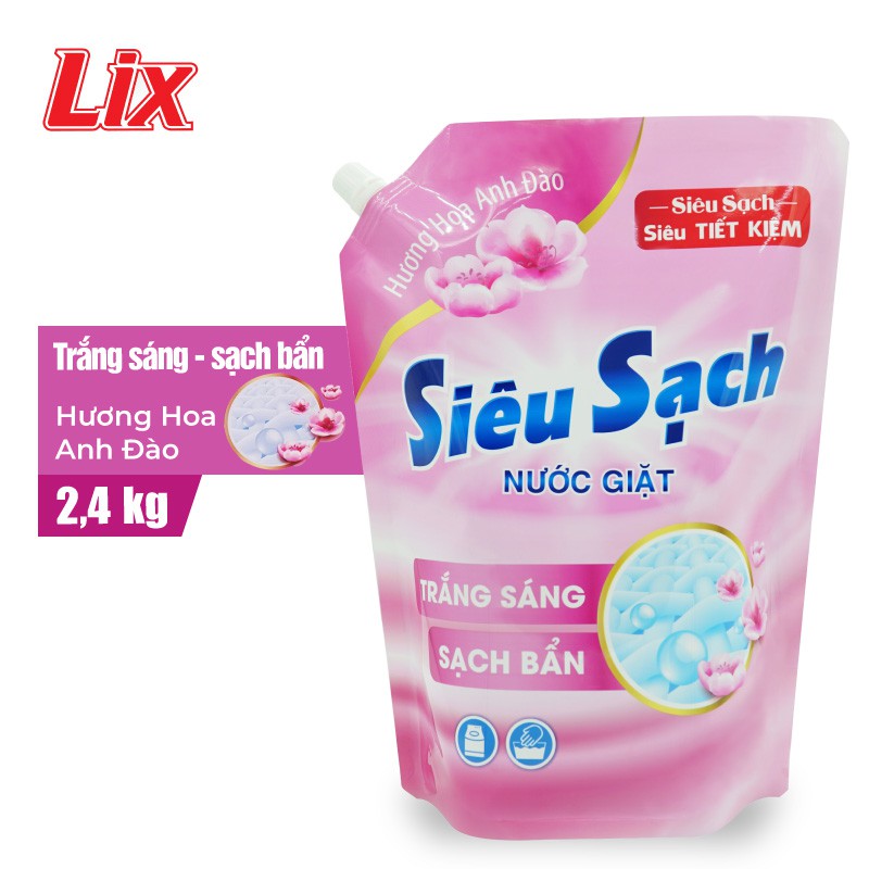 Túi Nước Giặt Lix Siêu Sạch hương Hoa anh Đào 2.4kg tặng Javel 500ml Tẩy Sạch Cực Mạnh Vết Bẩn