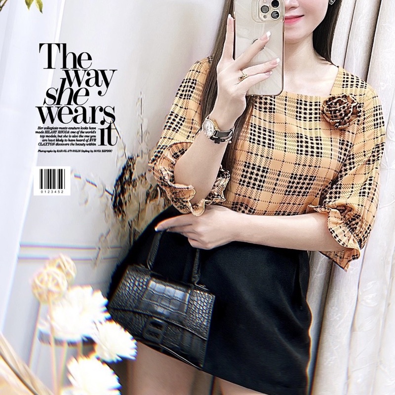 Áo kiểu G462 công sở BIGSIZE hoạ tiết kẻ caro gắn hoa thủ công nữ tính chất mềm mại dễ phối với các loại quần chân váy