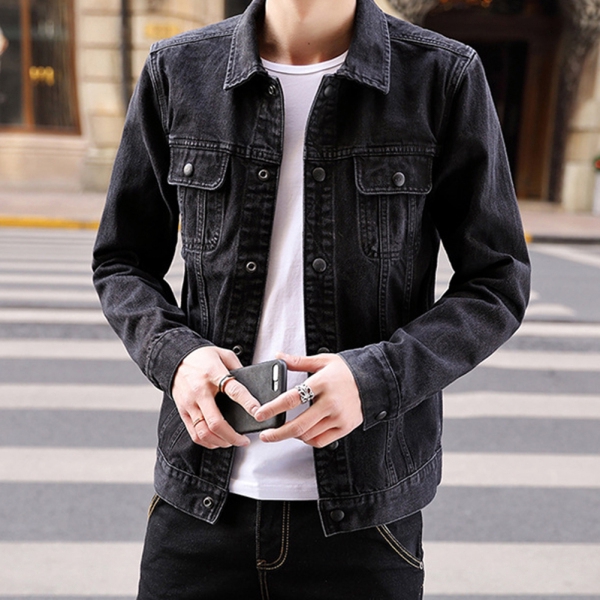 Men Long Sleeve Lapel Denim Jacket with Button for Campus Casual for Spring Autumn