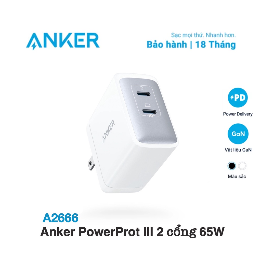 Củ Sạc Nhanh Anker A2666 PowerPort III 65W 2 Cổng USB-C PPS/PD GaN II, Bảo Hành 18T