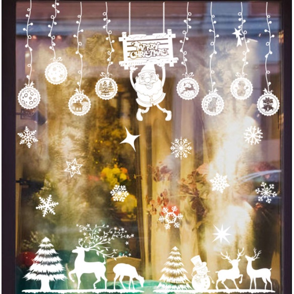 Decal dán tường Noel Hít Tĩnh Điện không Dơ Kính - Rèm châu cây thông tuần lộc trắng