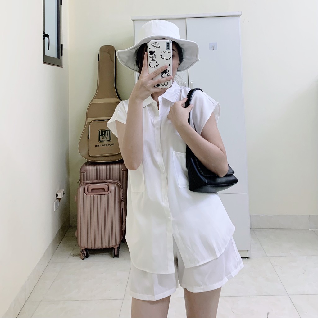 Áo sơ mi nữ trắng basic kèm quần sooc năng động, chất đũi [Tặng kèm mũ, ảnh thật]
