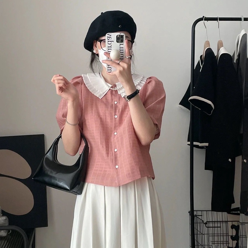 Set Áo Sơ Mi Tay Ngắn Cổ Búp Bê Hai Lớp Phối Chân Váy Lưng Cao Xếp Ly Thời Trang Xinh Xắn Cho Nữ  tao bao