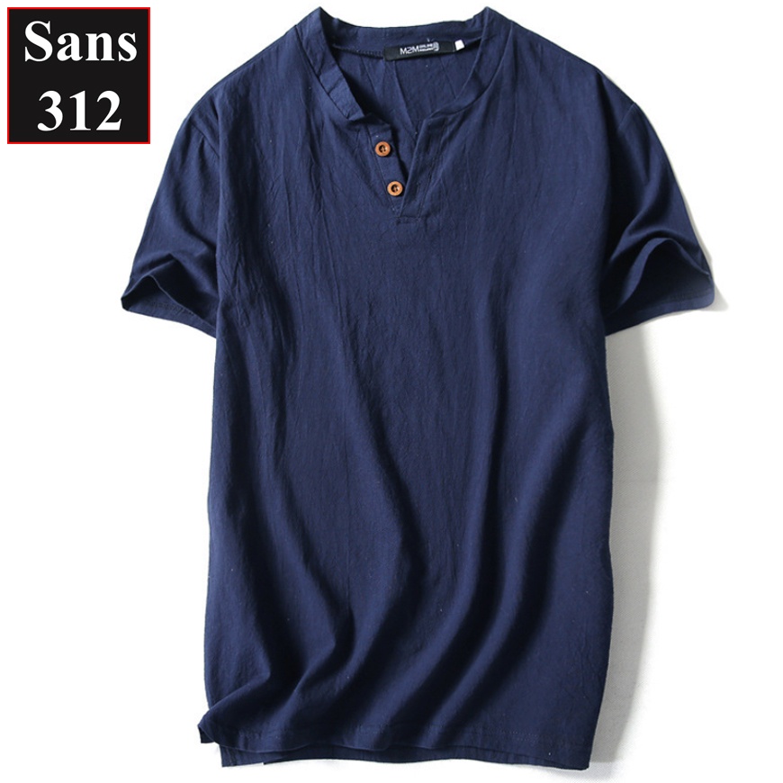 Áo thun nam đũi Sans312 chất cotton linen mát lạnh cộc tay cài nút cổ v trơn đẹp xịn mềm mịn big size 5XL 4XL 3XL