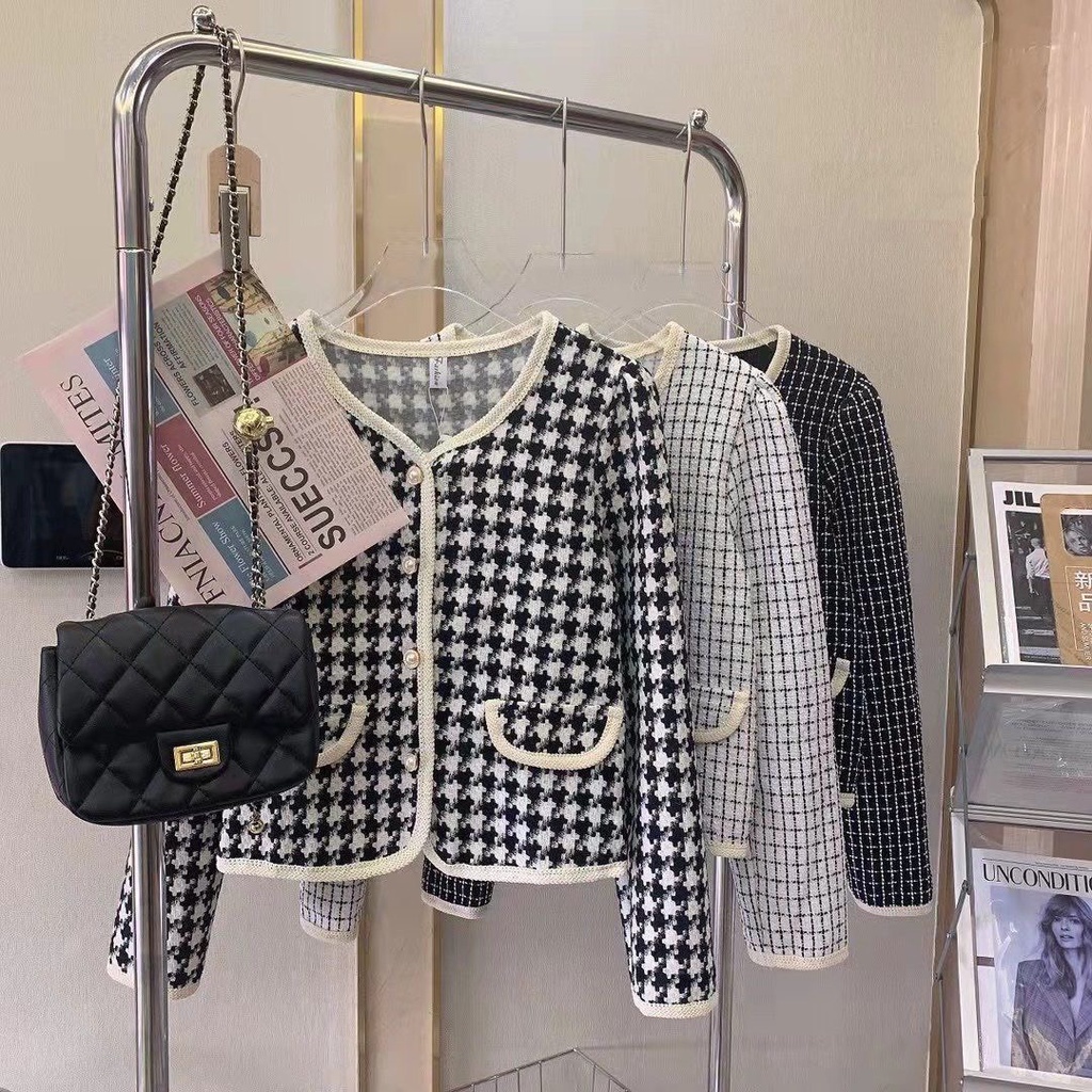 Áo dài tay dạ cổ V kẻ caro phối viền giả túi 3 màu cực xinh