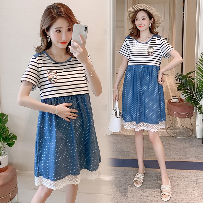 THANH LÝ : Váy Bầu Giả Bò Liền Chấm Bi Phối Ren Thắt Eo - Có Khóa Cho Con Ti