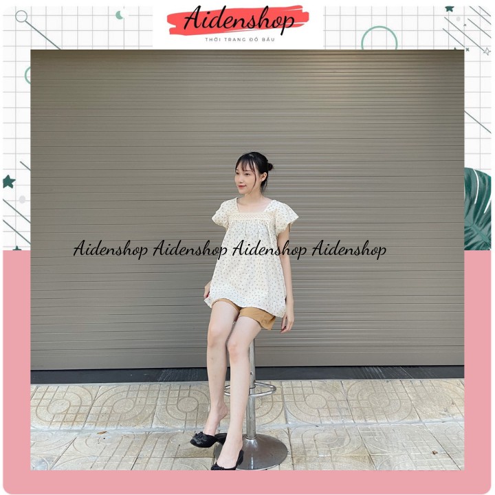 Bộ bầu thời trang đẹp mặc nhà màu trắng kem hoa nhí bộ đùi chất đẹp mát