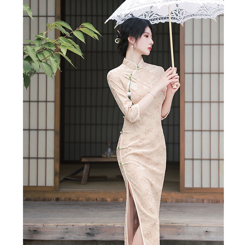 Sườn Xám Cách Tân Dáng Ôm Tay Dài In Họa Tiết Hoa Phong Cách Cổ Điển Thời Trang Cho Nữ Size S - XXL