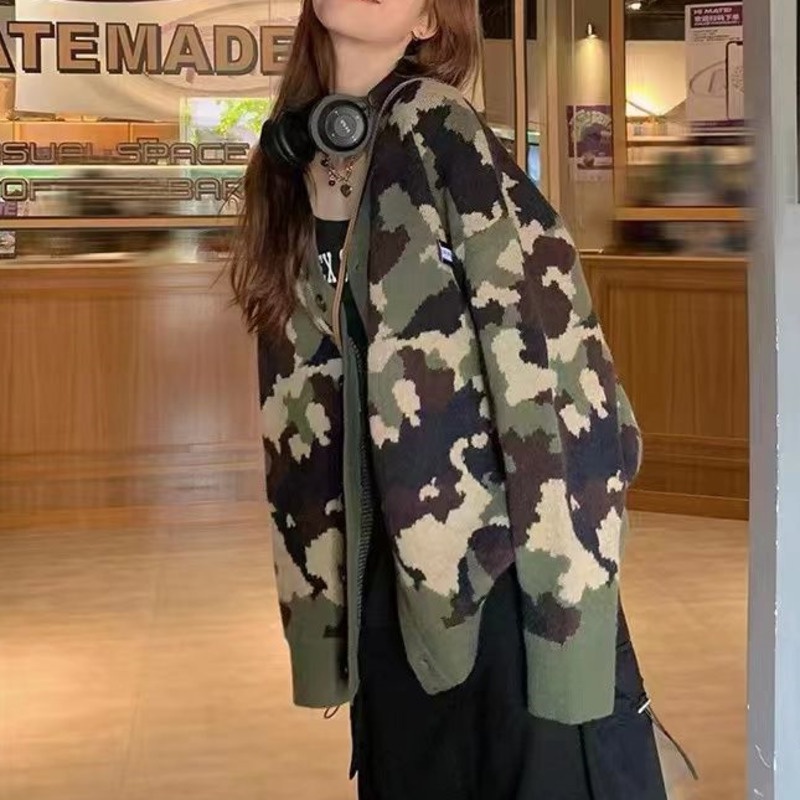 Áo Khoác Len Jacquard Tay Dài Màu Sắc Tương Phản Phong Cách Hàn Quốc