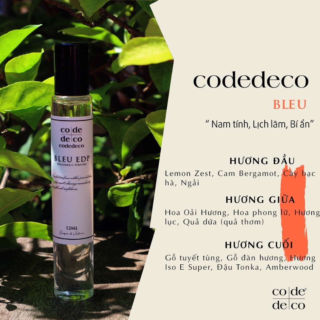 Tinh Dầu Nước Hoa Code Deco Bleu 12ml, Nam Tính, Lịch Lãm, Bí Ẩn - Chai Lăn Tiện Lợi