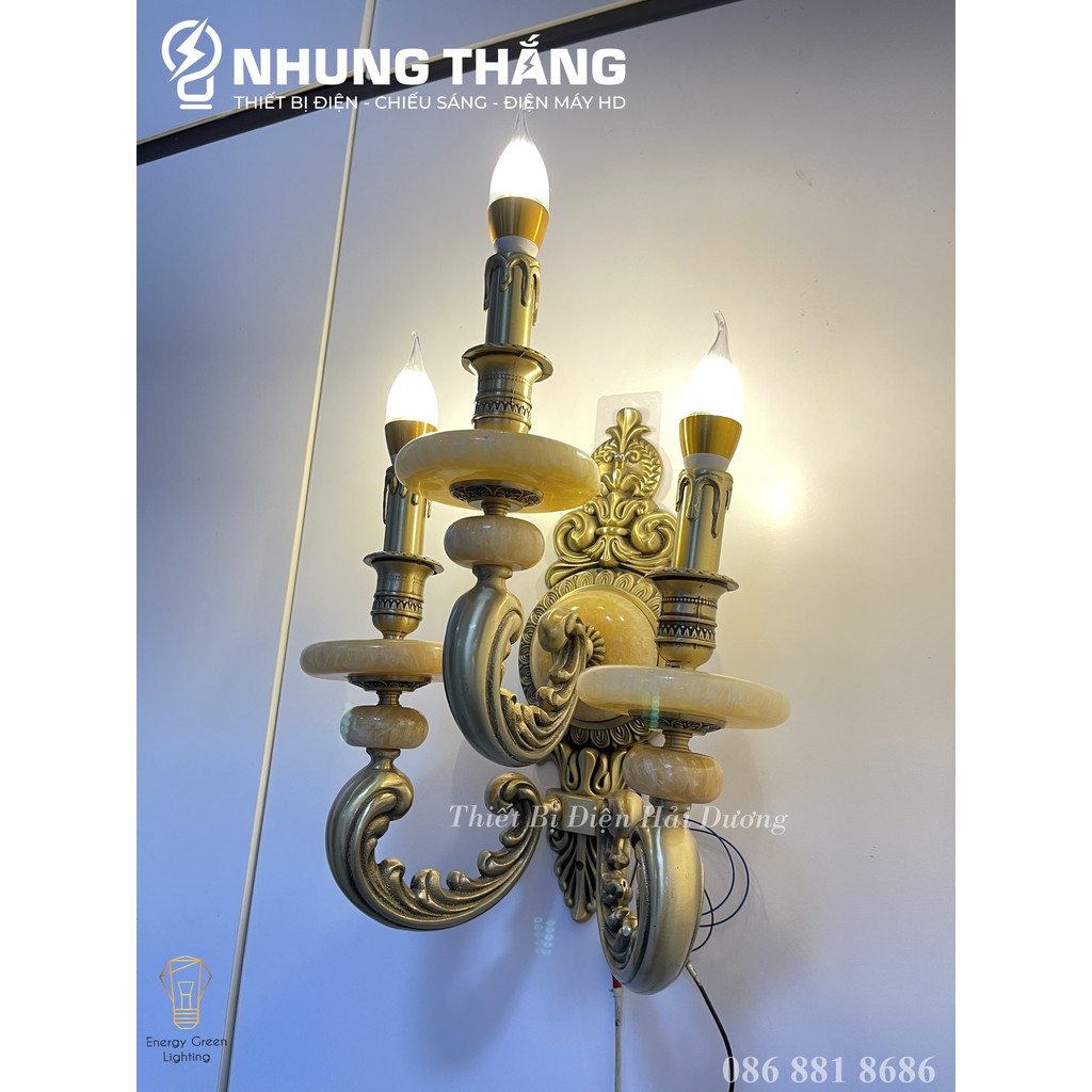 Đèn Tường Nến Đồng Đá Cổ Điển Cao Cấp 8852-3 - Đèn Trang Trí Phòng Khách,Phòng Thờ - Tặng Kèm 3 Bóng Led - Bảo Hành 1Năm