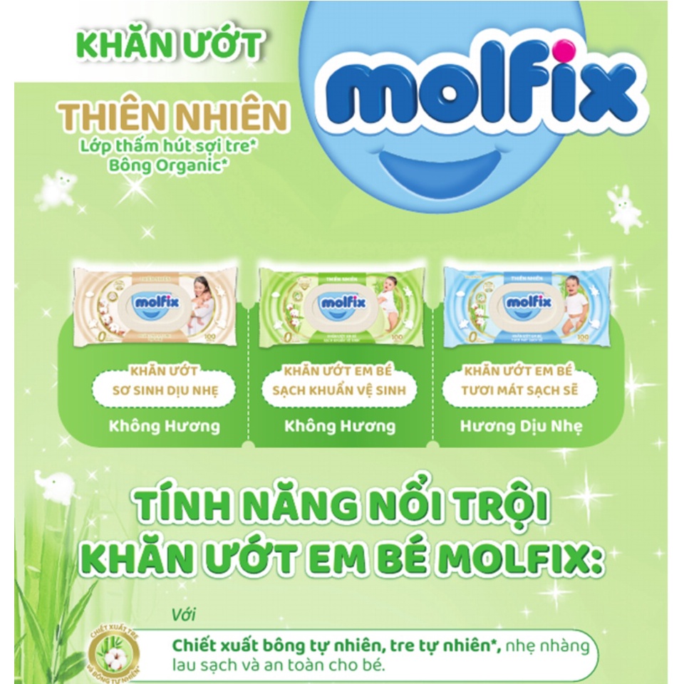 [Date T6/2024] Khăn Ướt Molfix Lớp Thấm Hút Sợi Tre Bông Organic Tự Nhiên ( 100 Tờ )